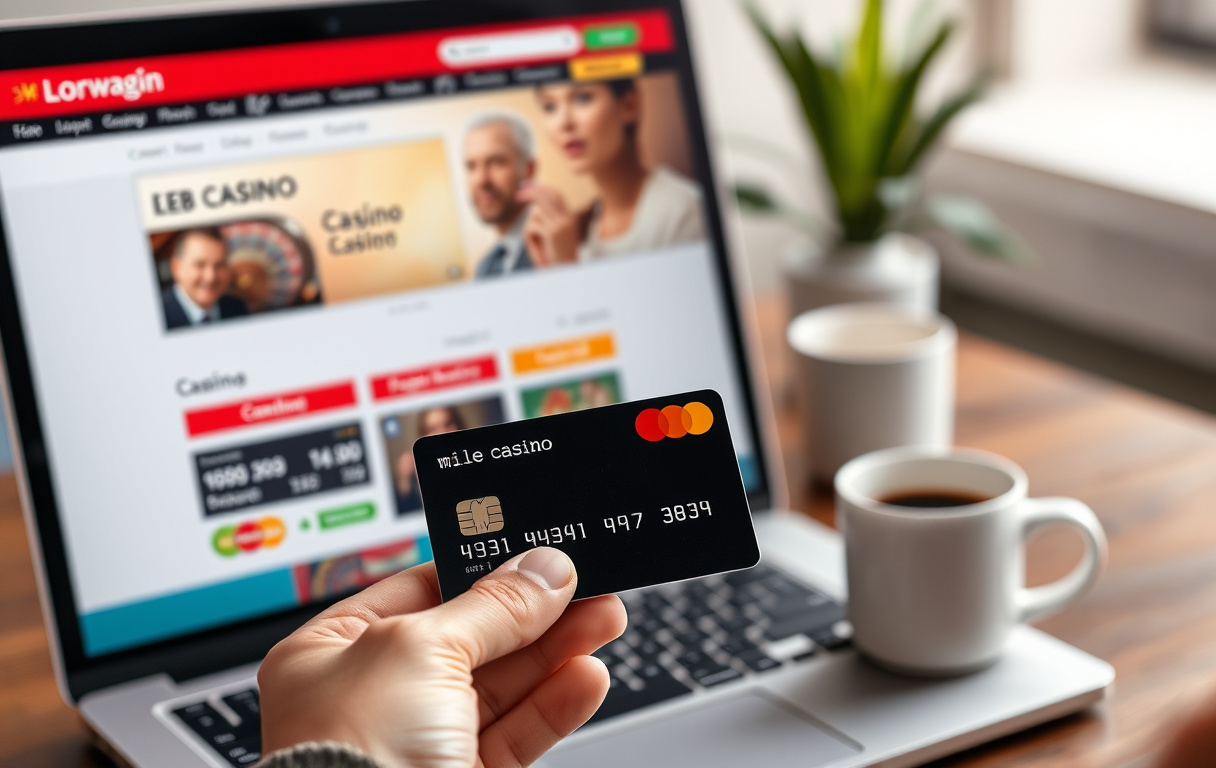 Person holder et Mastercard debetkort foran en laptop med et nettcasino i kassen – norsk kontekst
