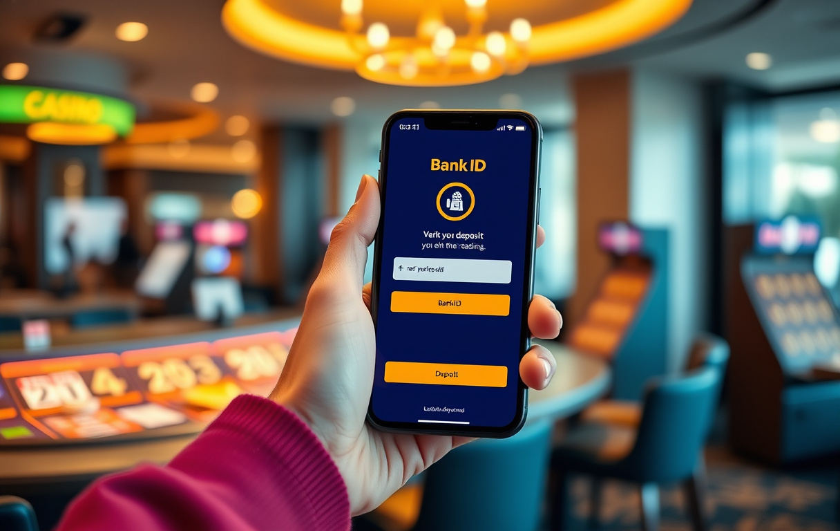 Person med mobiltelefon som viser BankID-verifisering på et nettcasino – Pay n play innskudd.