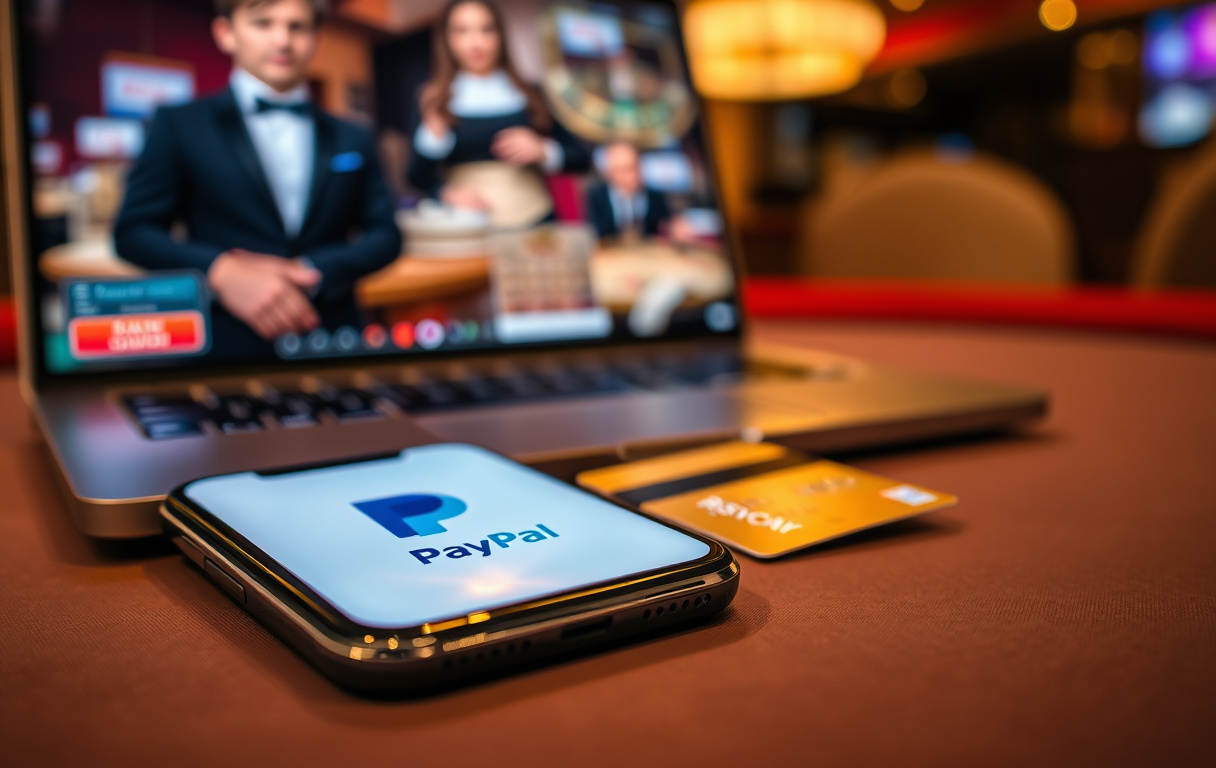 Smarttelefon og kredittkort på et casinobord med PayPal-logo og blokkert-symbol