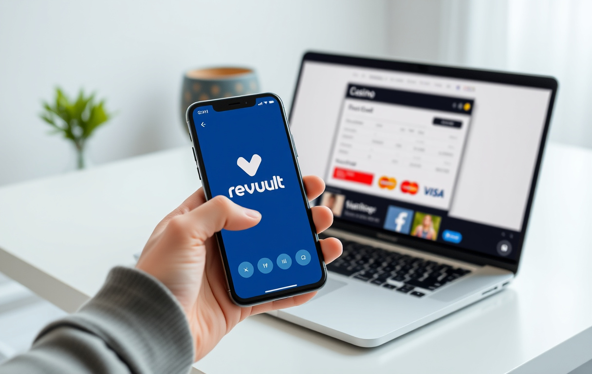 Bruker som betaler på nettcasino med Revolut via mobilen – mobilen og laptopen i fokus.