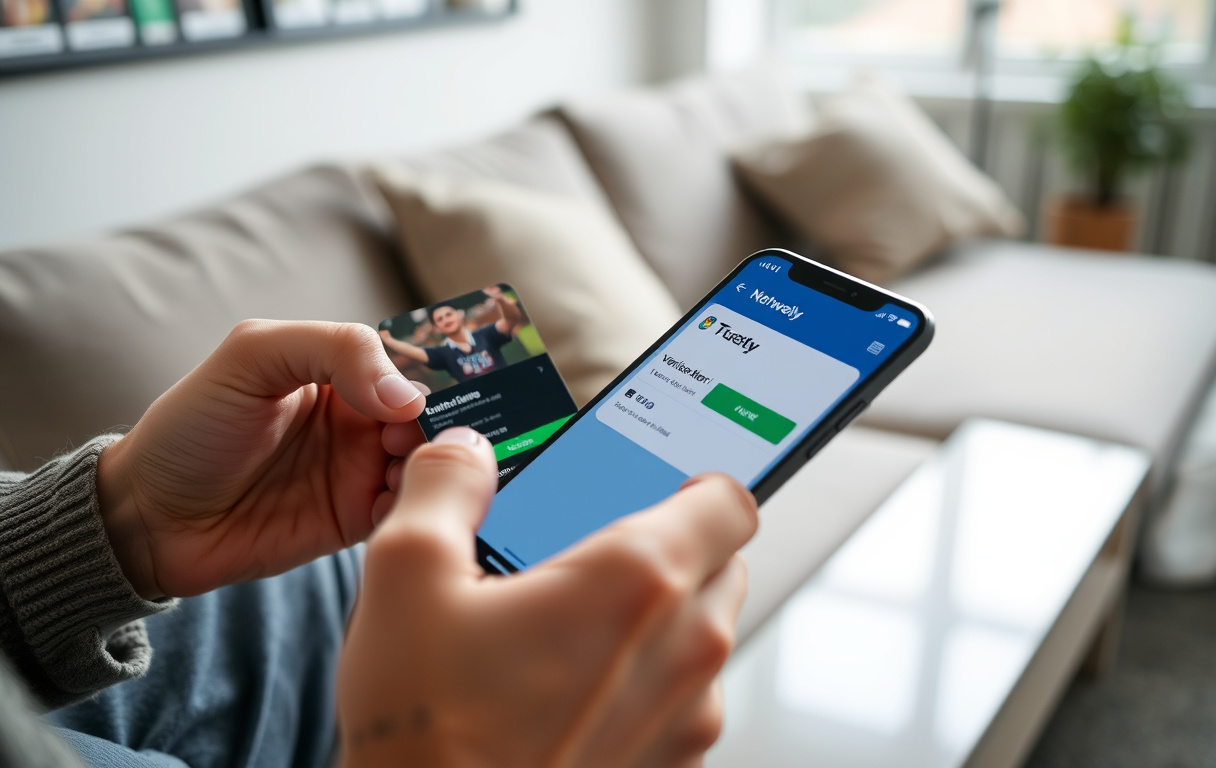 Person som gjør en Trustly-betaling på mobilen med BankID skjerm, i en moderne stue.