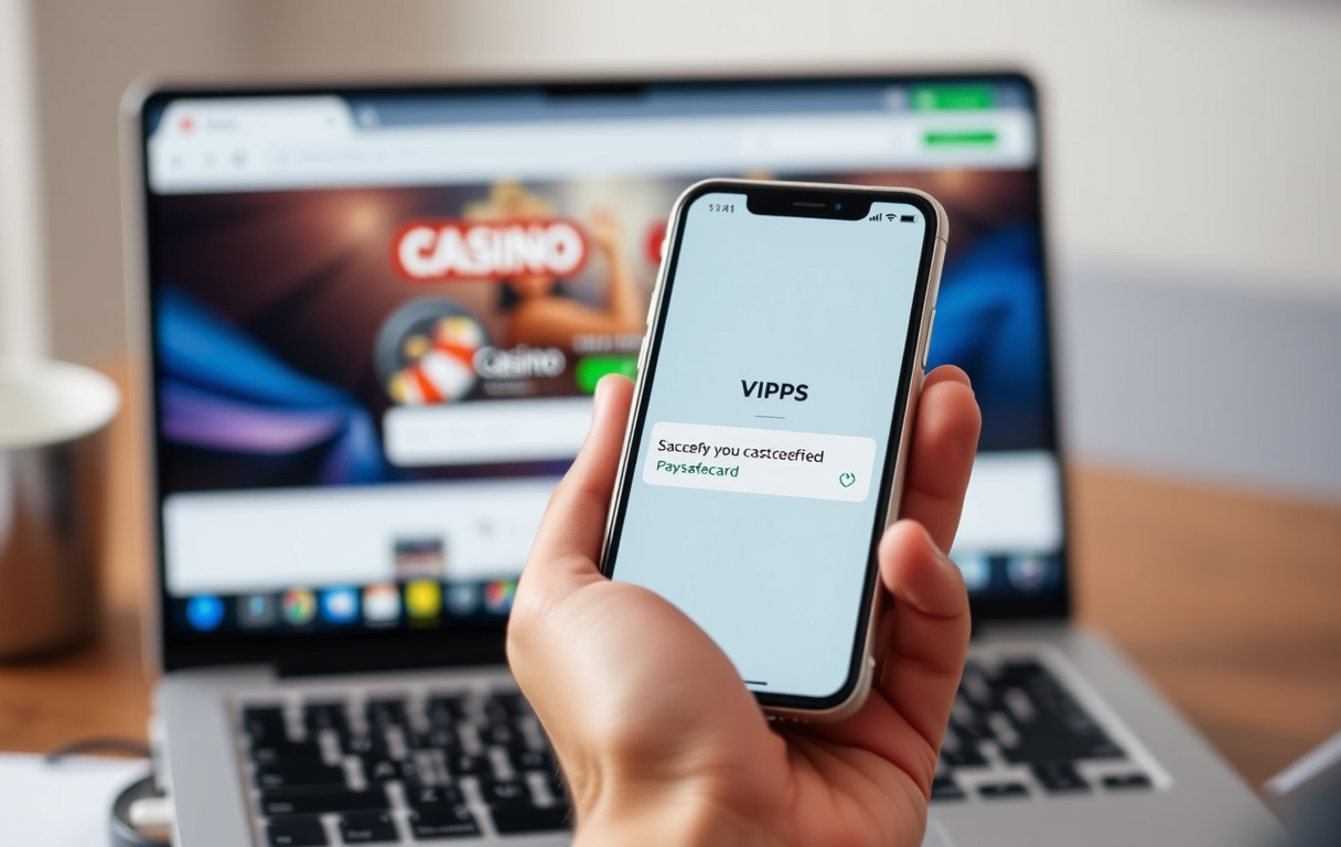 Person som holder mobil med Vipps-app, med et casino i bakgrunnen