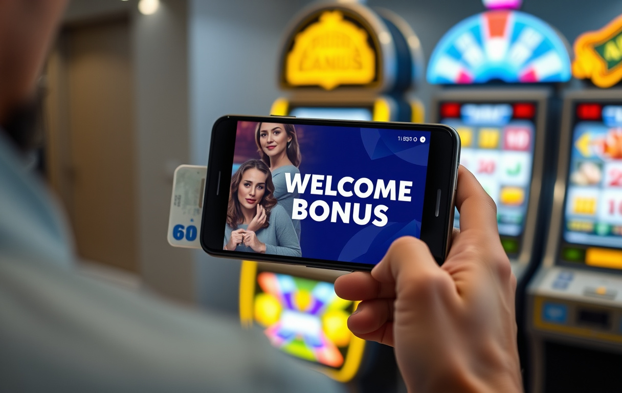 Person med mobil som viser velkomstbonus på et nettcasino, med norsk pengeseddel og spilleautomat i bakgrunnen.