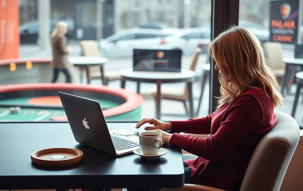 En person sjekker lisensinformasjon på et nettcasino via laptop