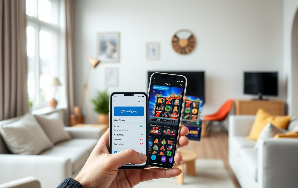 Mobiltelefon som viser Norsk Tipping-appen og et nettcasino side om side, i en norsk stue.