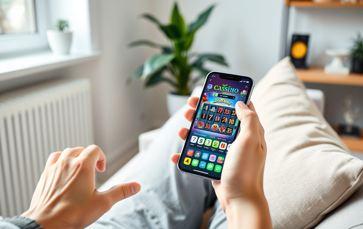 Person sitter i sofa og spiller på mobilcasino, med fargerike spilleautomater på skjermen