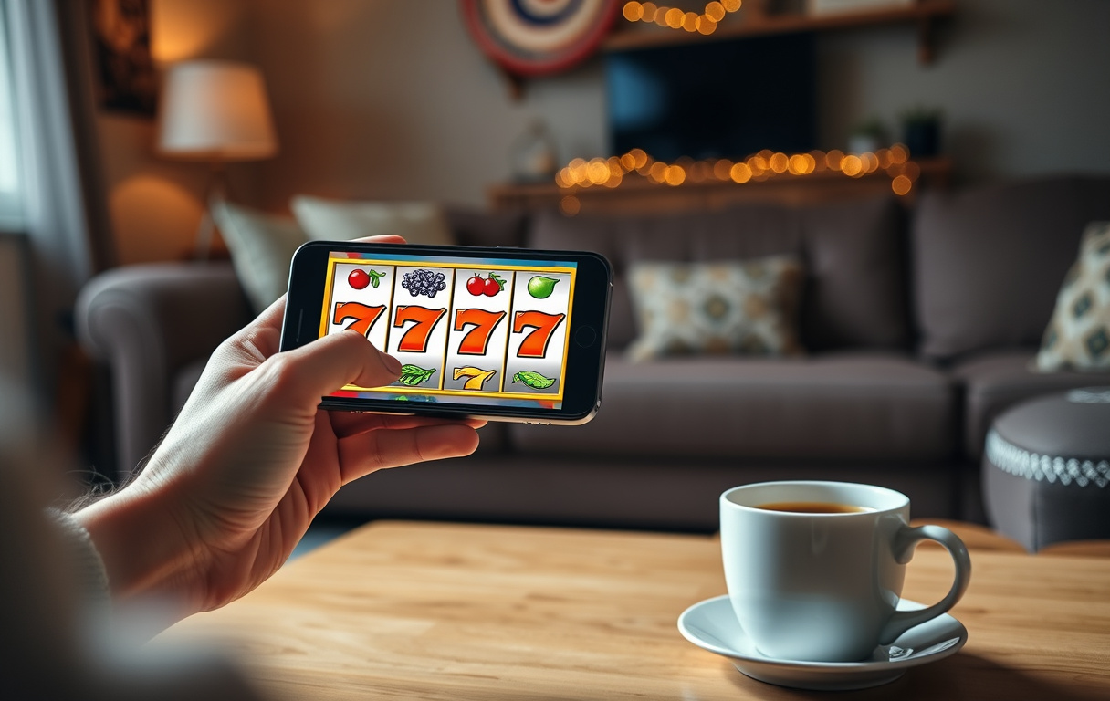 Person spiller på et mobilcasino i stua med kopp kaffe på bordet
