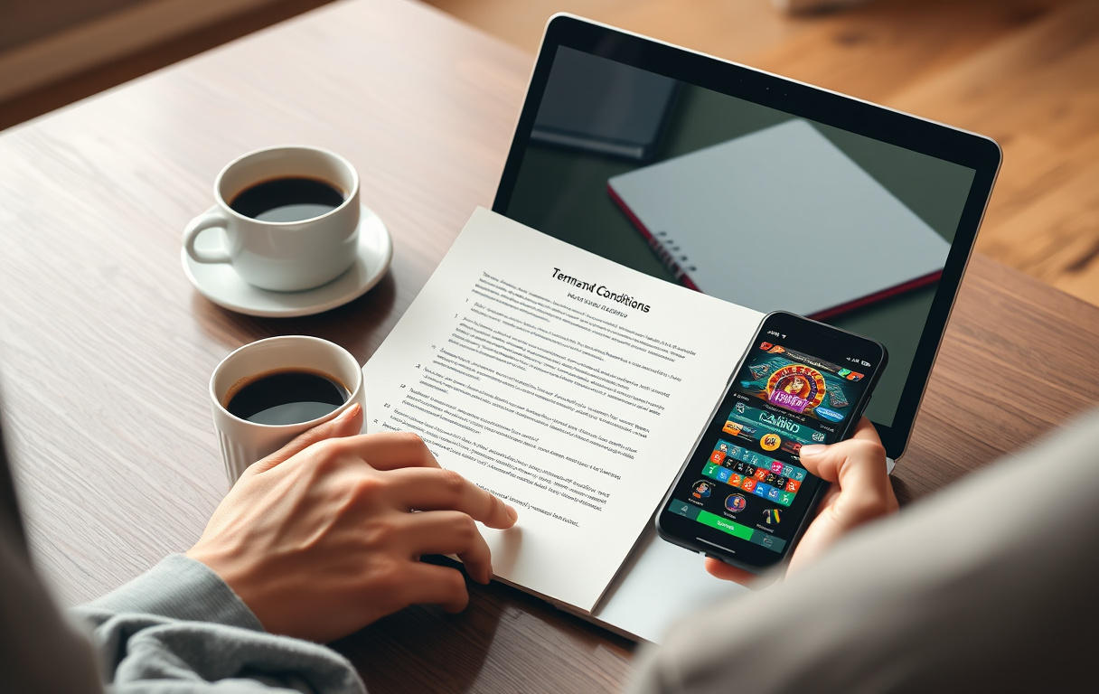 Person som leser casino-vilkår på laptop med kaffekopp og notatblokk