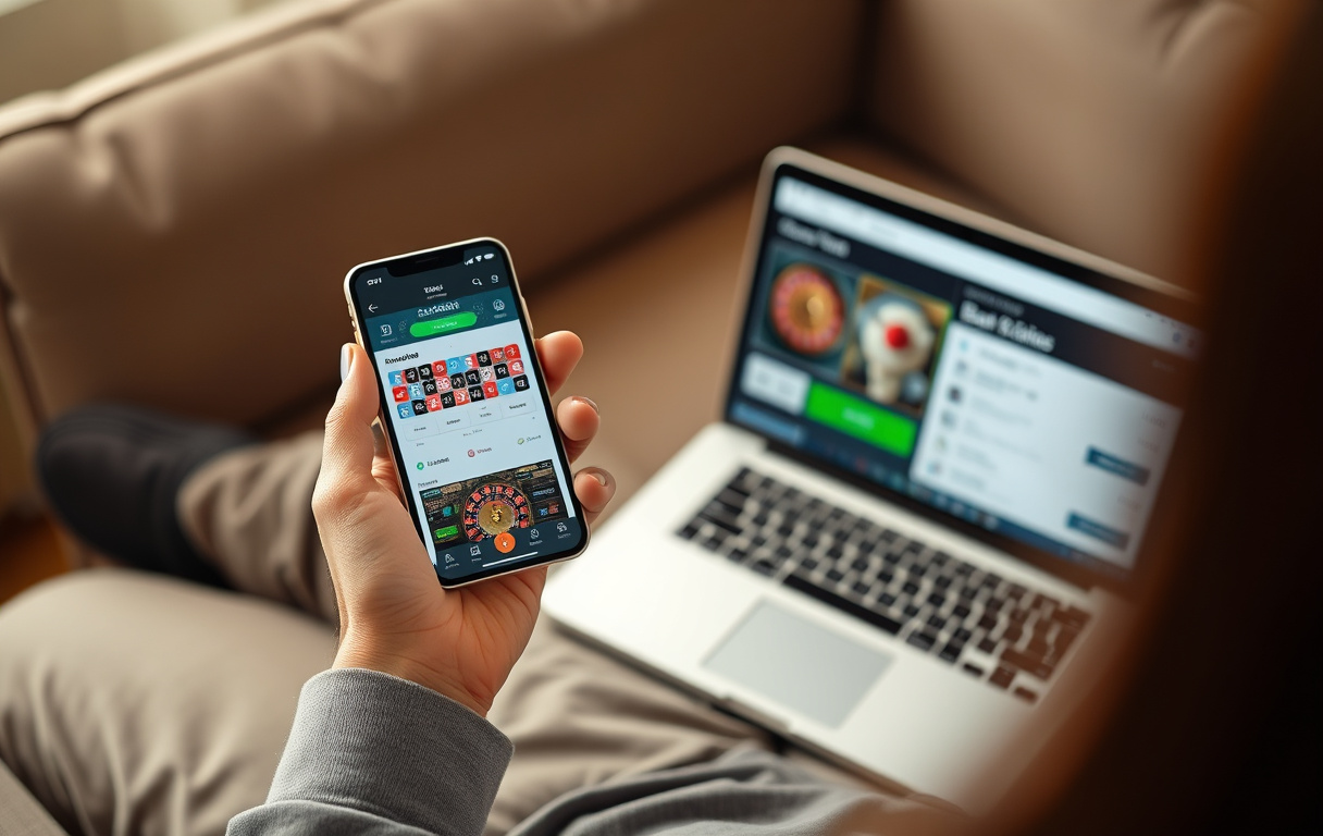 En person spiller casinospill på mobilen mens en bankoverføring vises på en laptop i bakgrunnen.