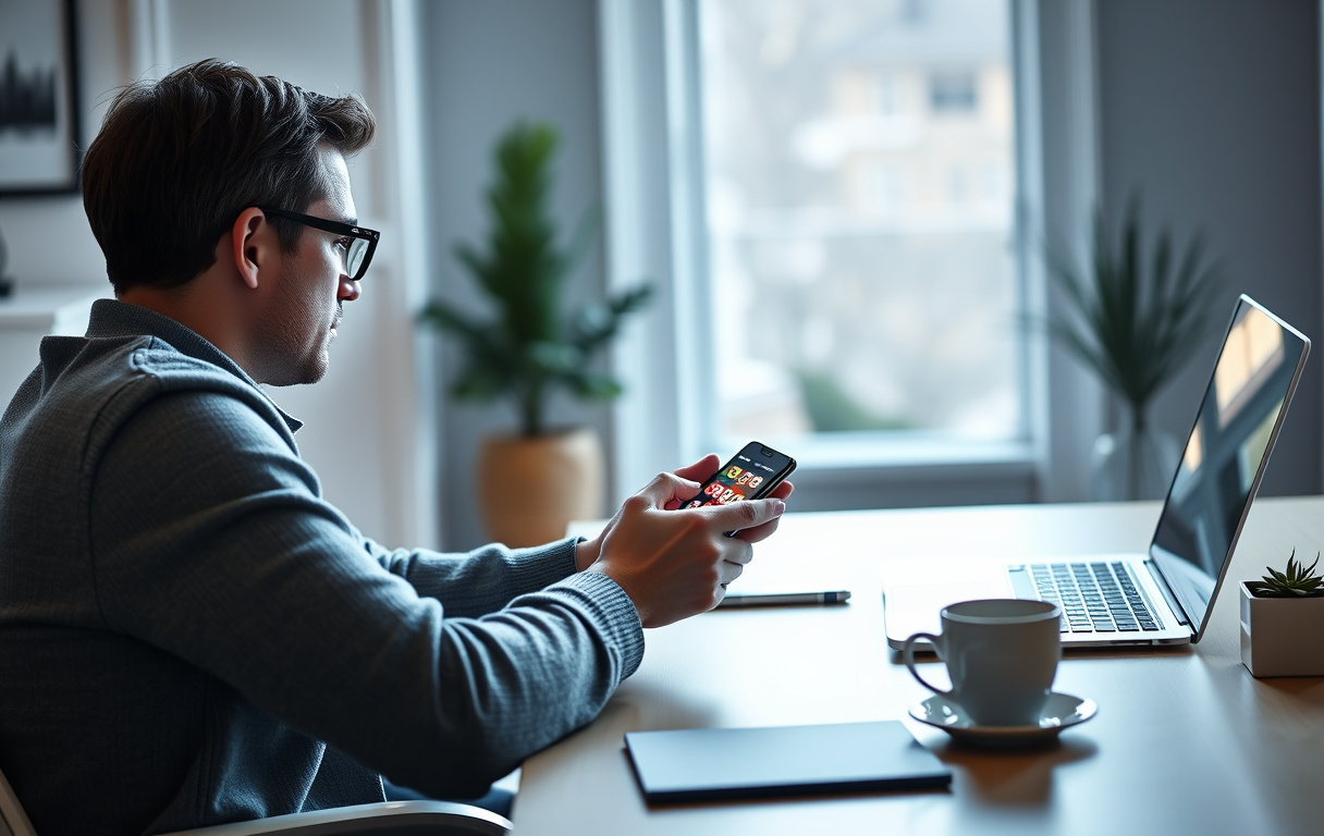Person som spiller lotto på nett på mobilen, med kaffekopp og laptop på bordet, i et skandinavisk interiør
